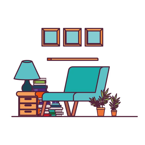 Salón con sofá y pila de libros — Vector de stock