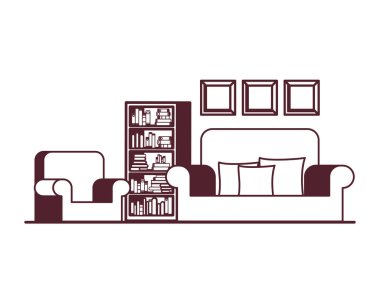 kanepe ve kitaplık ile oturma odası