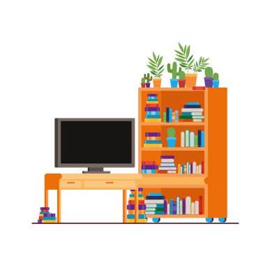 kitaplar ile ahşap rafta plazma tv