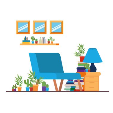 kanepe ve kitap yığını ile oturma odası