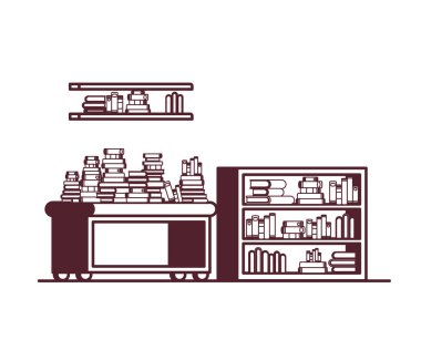 beyaz arka plandaki kitaplarla raf