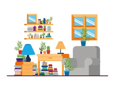 masa ve kitap ile oturma odası