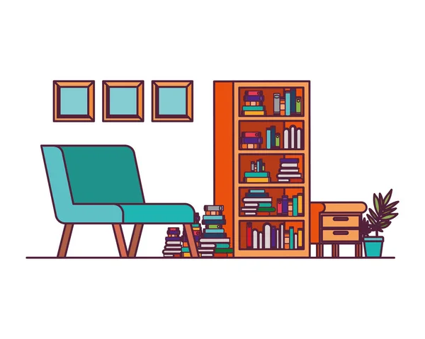 Living room with couch and bookshelf of books — Stock Vector