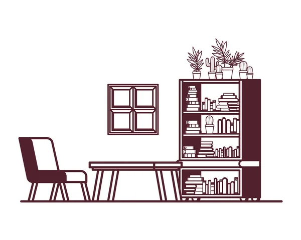 Silueta de salón con sofá y estante de libros — Vector de stock