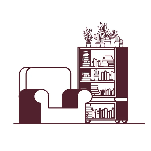 Silhouette de salon avec canapé et bibliothèque de livres — Image vectorielle