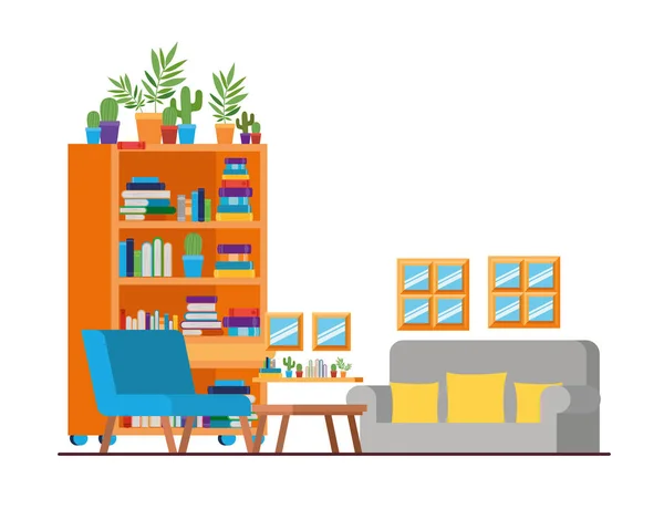 Sala de estar com sofá e estante de livros — Vetor de Stock