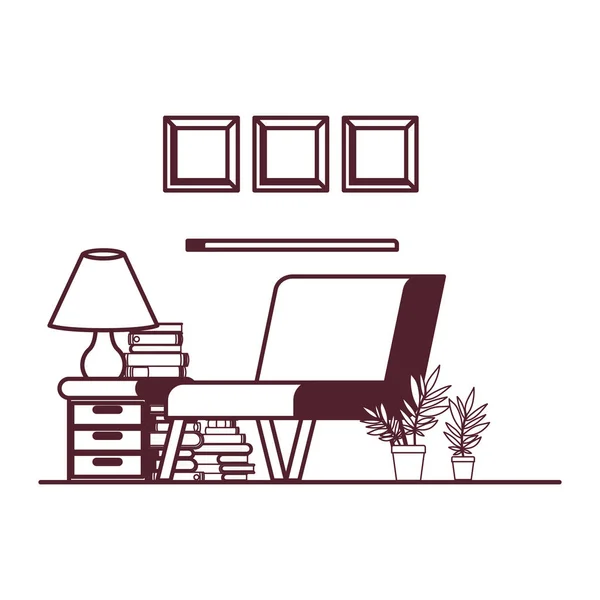 Salón con sofá y pila de libros — Vector de stock