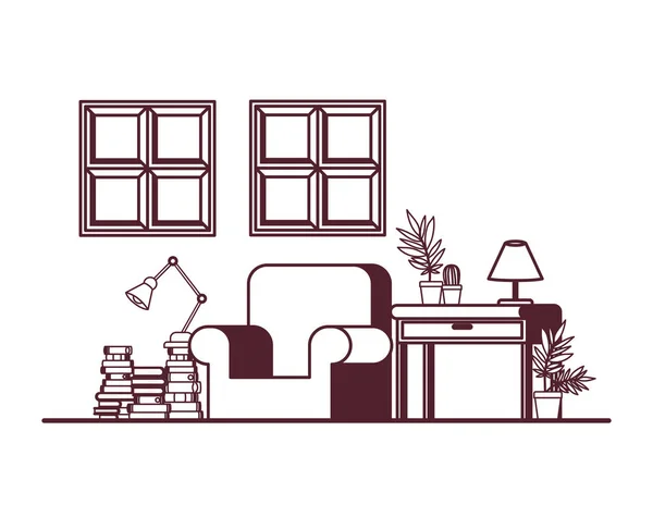 Salon avec canapé et pile de livres — Image vectorielle