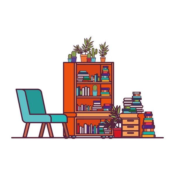 Living room with couch and bookshelf of books — Stock Vector