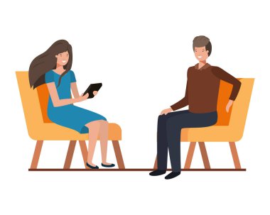 beyaz arka plan üzerinde sandalyede oturan çift