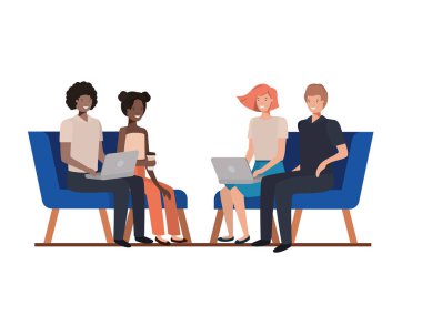 beyaz arka plan üzerinde sandalyelerde oturan insanların bir grup