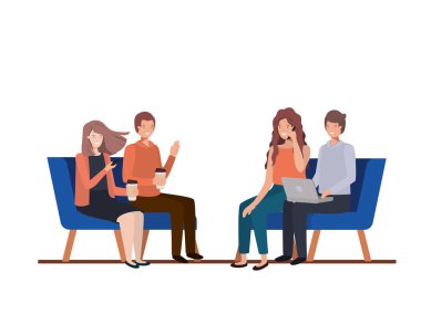 beyaz arka plan üzerinde sandalyelerde oturan insanların bir grup