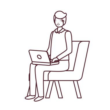 beyaz arka plan üzerinde dizüstü bilgisayar ile sandalyede oturan adam silueti