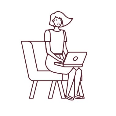 beyaz arka plan üzerinde dizüstü bilgisayar ile sandalyede oturan kadın silueti