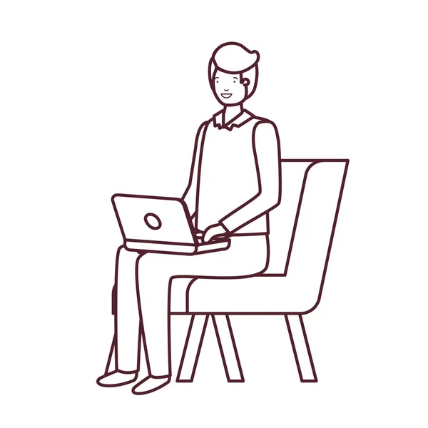 Silhouette dell'uomo seduto in sedia con computer portatile su sfondo bianco — Vettoriale Stock