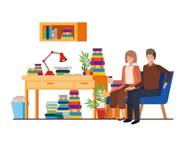 Couple assis dans le bureau de travail avatar personnage — Image vectorielle