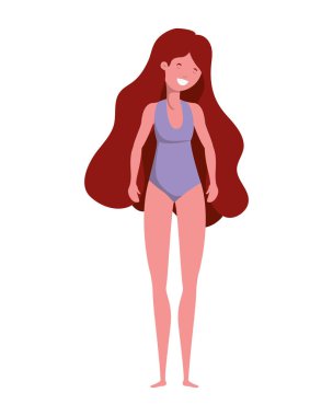 Beyaz arka planda mayosu olan genç bir kadın.