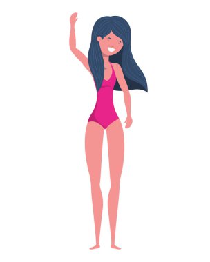 Beyaz arka planda mayosu olan genç bir kadın.