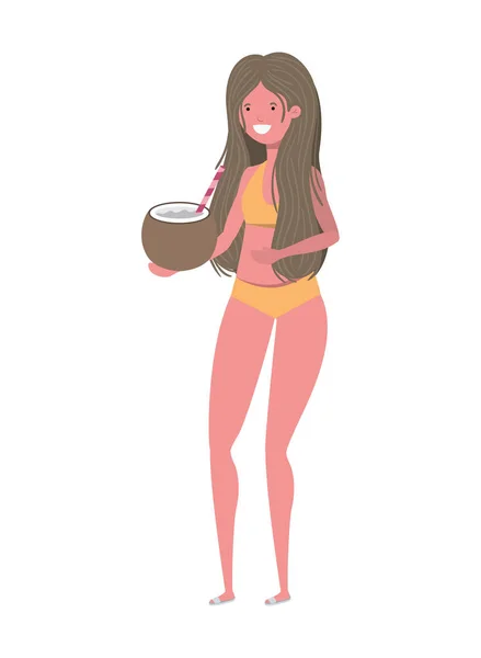 Mujer con traje de baño y agua de coco en la mano — Vector de stock