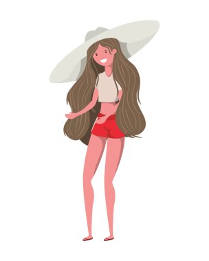 Beyaz arka planda mayosu olan genç bir kadın.