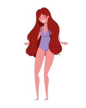 Beyaz arka planda mayosu olan genç bir kadın.