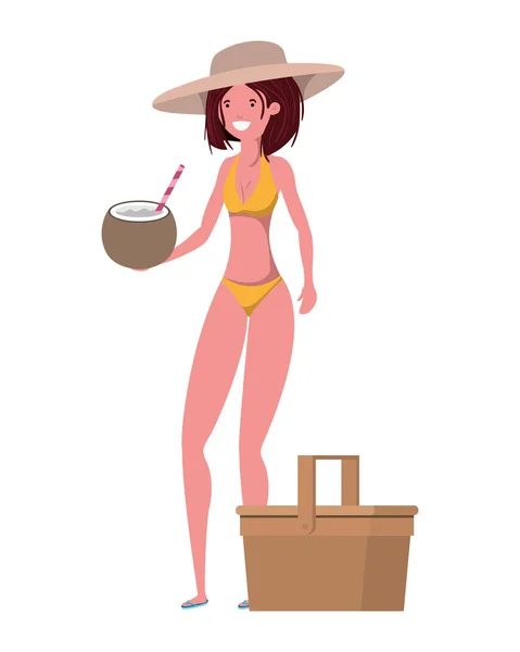 Mujer con traje de baño y agua de coco en la mano — Vector de stock