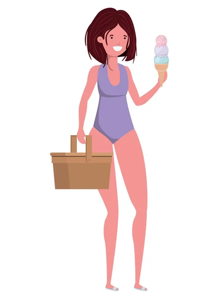 Mujer con traje de baño y picnic de paja — Vector de stock