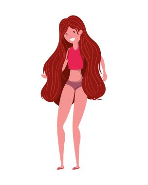 Beyaz arka planda mayosu olan genç bir kadın.