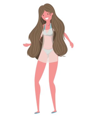 Beyaz arka planda mayosu olan genç bir kadın.