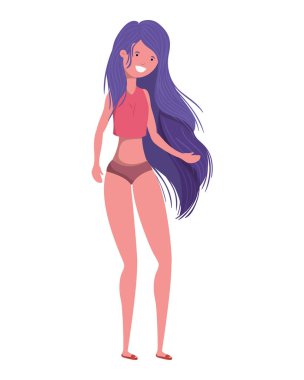 Beyaz arka planda mayosu olan genç bir kadın.