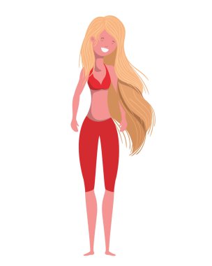 Beyaz arka planda mayosu olan genç bir kadın.