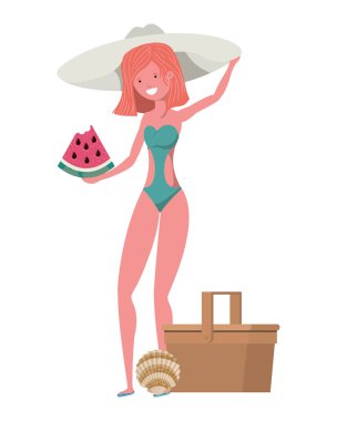 Elinde mayo ve elinde karpuz olan bir kadın.