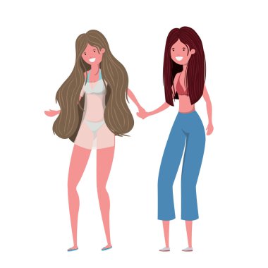 Beyaz arka planda mayosu olan genç kadınlar.