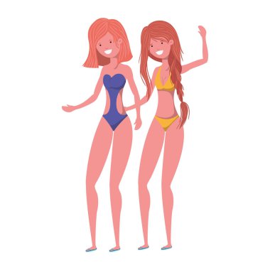 Beyaz arka planda mayosu olan genç kadınlar.