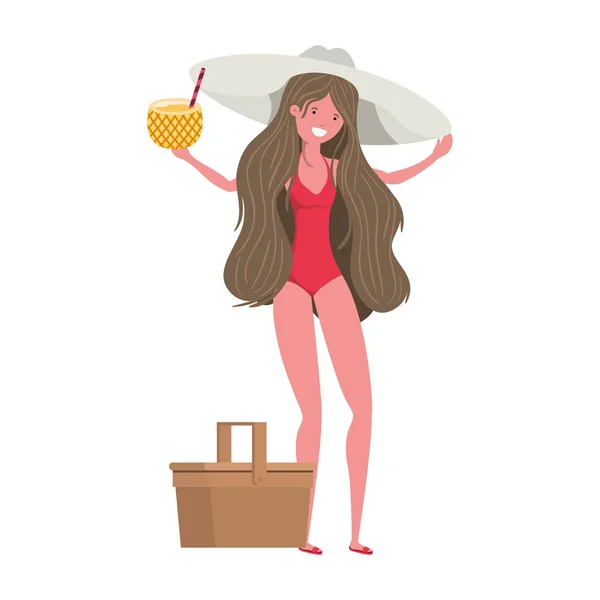 Mujer con traje de baño y cóctel de piña — Vector de stock