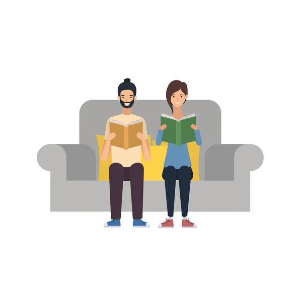 Couple assis sur une chaise avec livre dans les mains — Image vectorielle