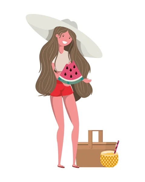 Mujer con traje de baño y porción de sandía en la mano — Vector de stock