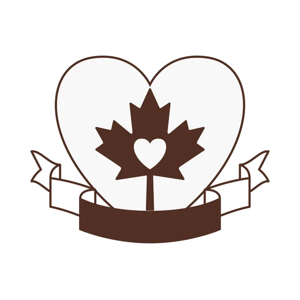 Corazón de cinta de hoja de arce y diseño de Canadá — Vector de stock