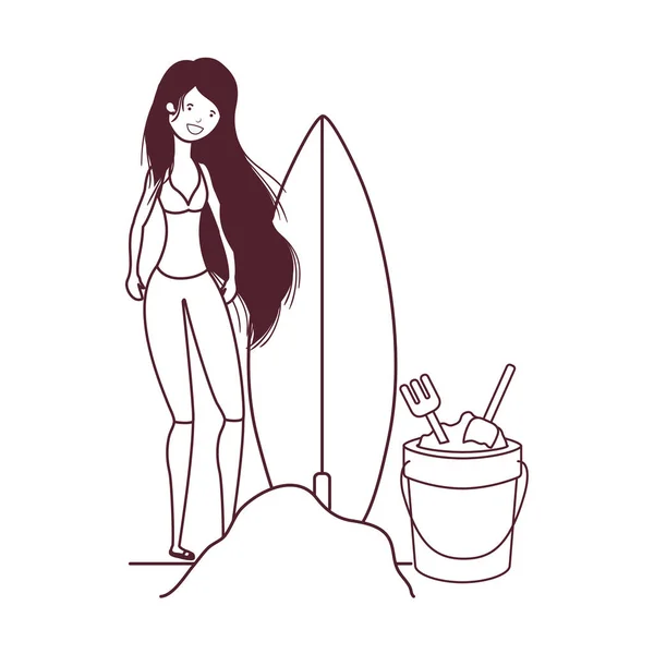 Mujer con traje de baño en la playa y tabla de surf — Vector de stock