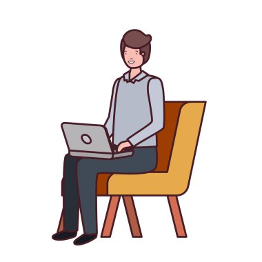 beyaz arka planda dizüstü bilgisayar ile sandalyede oturan adam