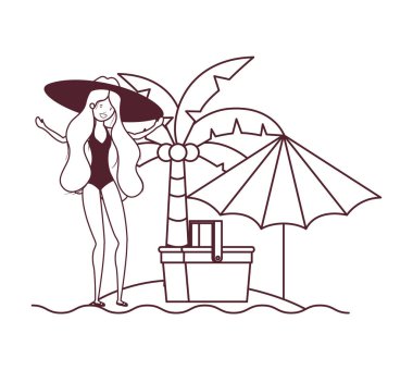 Plajda mayosu ve şemsiyesi olan kadın.