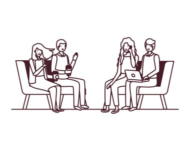 beyaz arka plan üzerinde sandalyelerde oturan insanların bir grup