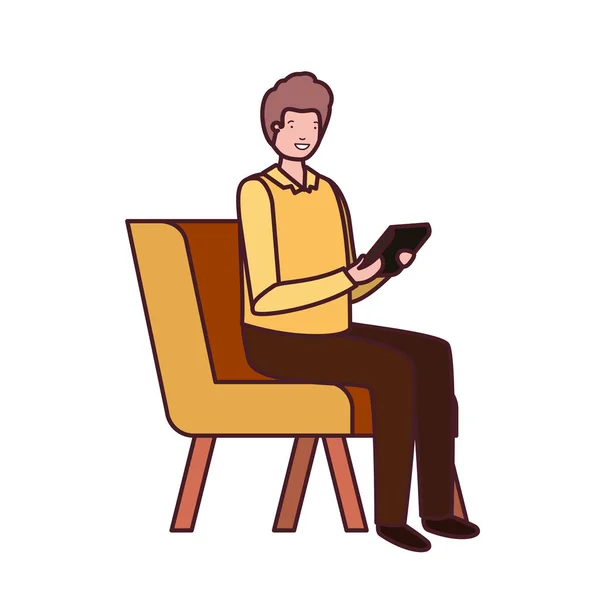 Homme assis sur une chaise avec smartphone sur fond blanc — Image vectorielle