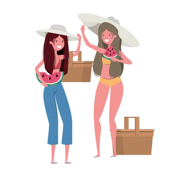 Mujeres con porción de sandía en la mano en fondo blanco — Vector de stock