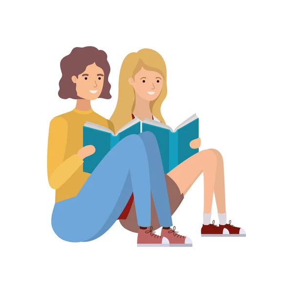 Couple sitting with book in hands — Stock Vector