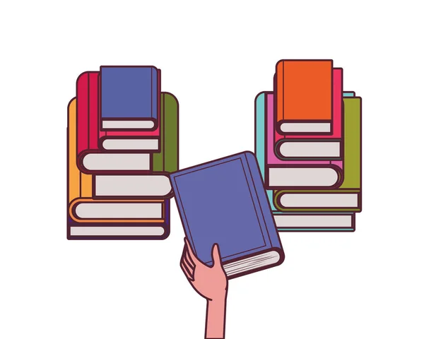 Group of books and hand design — Stock Vector