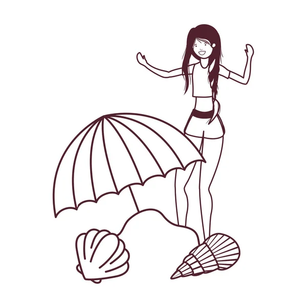 Femme avec maillot de bain sur la plage et parasol — Image vectorielle