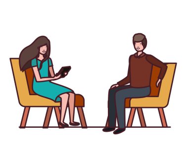 beyaz arka plan üzerinde sandalyede oturan çift