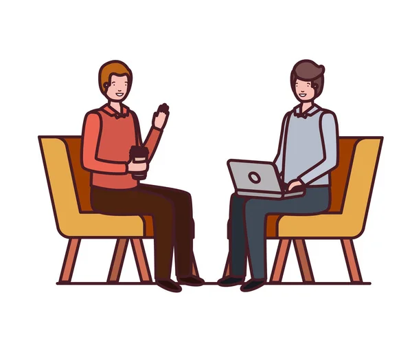 Hommes assis dans une chaise avec ordinateur portable sur fond blanc — Image vectorielle