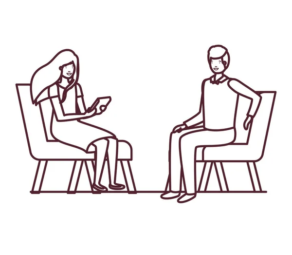 Silhouette eines Paares mit Sitz im Stuhl auf weißem Hintergrund — Stockvektor